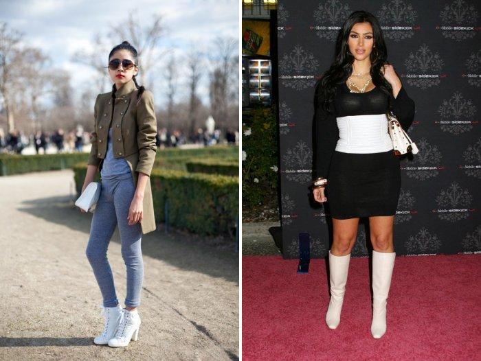 Белые сапоги с юбкой и брюками