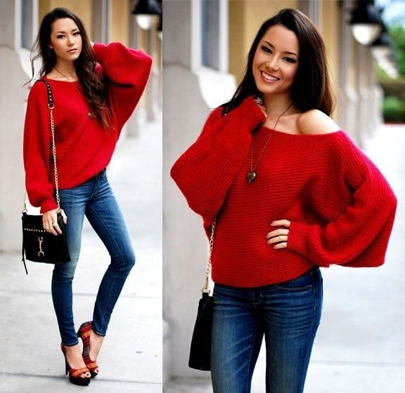 Широкий красный пуловер фото